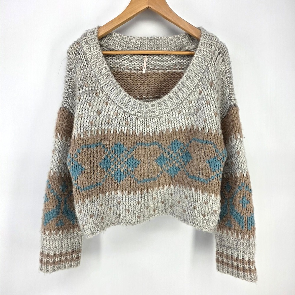 Free People Sweater Womens M Beige Brown Blue Geometric Knit Cropped Pullover